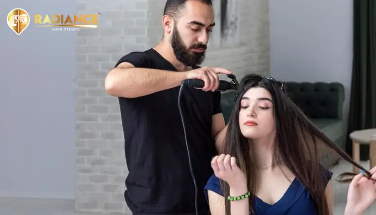 Woman wearing seamless clip-in hair extensions